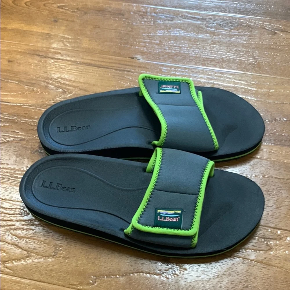 L.L.Bean Black Slide Sandals with Neon Green Trim
